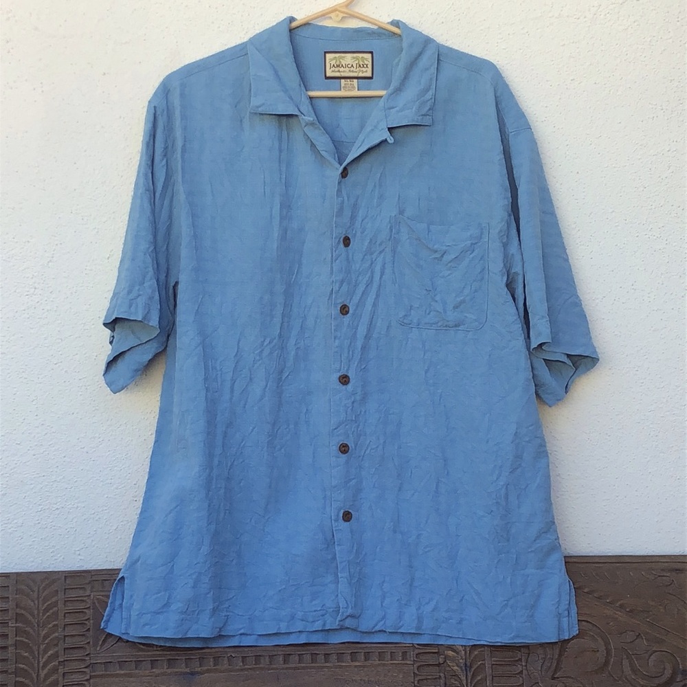 Jamaica Jaxx blue silk button down Hawaiian shirt